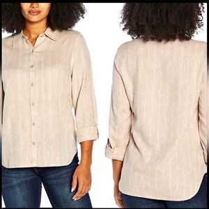 Orvis Button Up Blouse Linen Blend Long Tab Sleeve Medium Oatmeal Stripe Outdoor